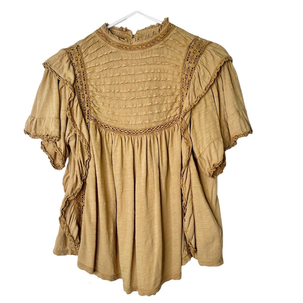 Free People Le Femme Peasant Ruffle Top Small Tan - Picture 2 of 6